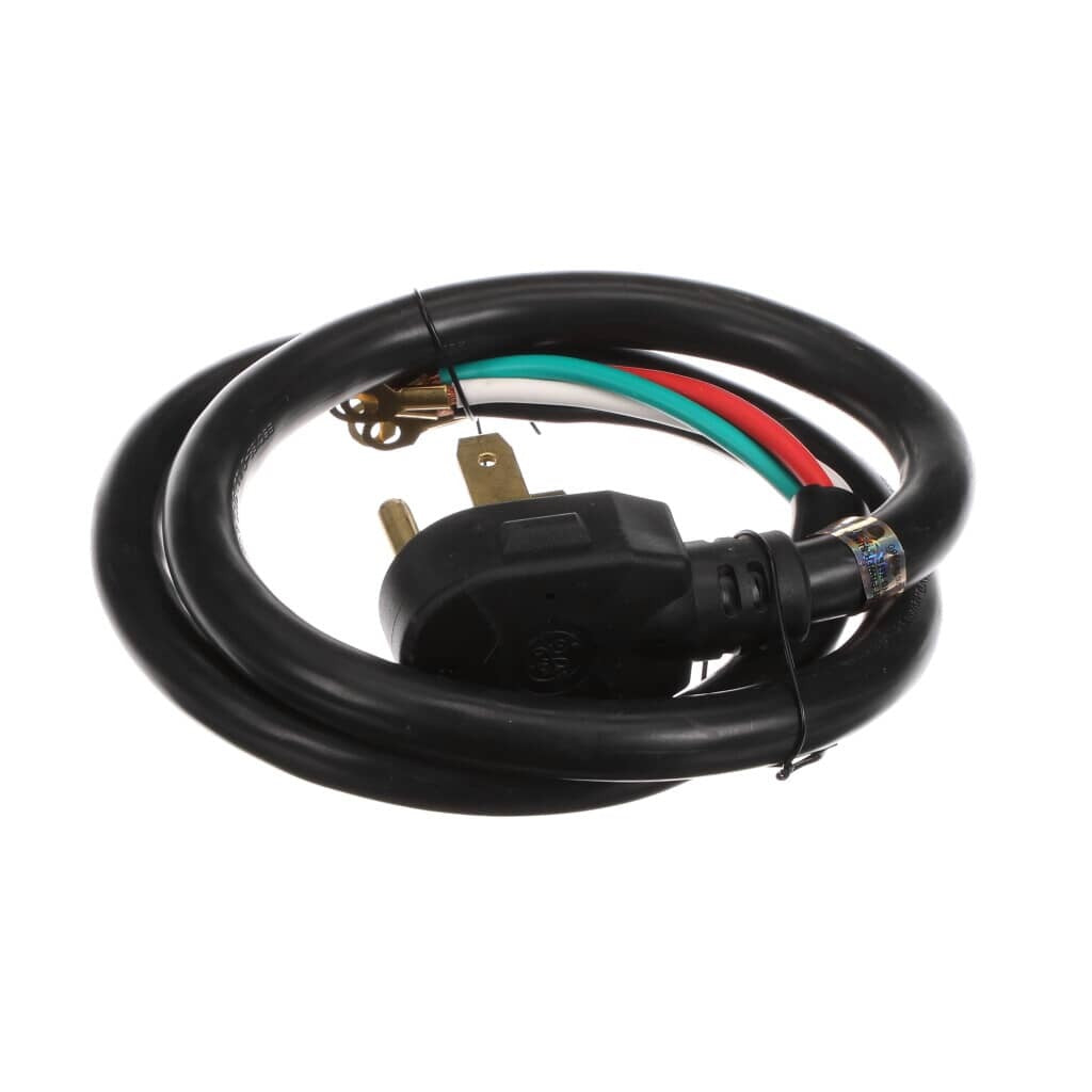 Side view of the GE WX09X10035 4-wire, 40-amp power cord, showing the robust connectors, secure wiring, and clear labeling for safe and efficient power transfer.