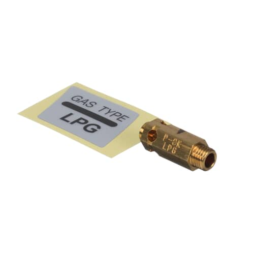 Close-up of the brass orifice showing the engraved P-CK LPG markings.