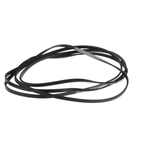 The multi-ribbed black dryer belt coiled loosely on a white background, showing a gray marker strip.