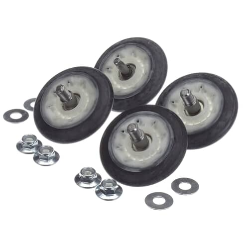 Close-up of two rollers with their respective washers and hexagonal nuts, indicating mounting hardware.