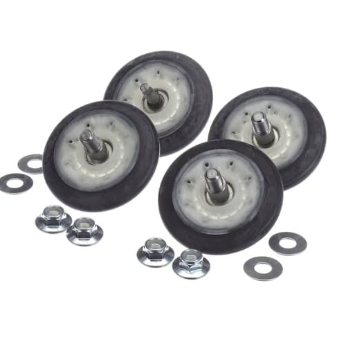 A set of four black and white dryer drum rollers with their associated washers and nuts spread out.