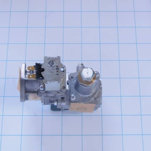 Angled view of the assembled gas valve, clearly showing the two electrical solenoids attached to the main valve body.