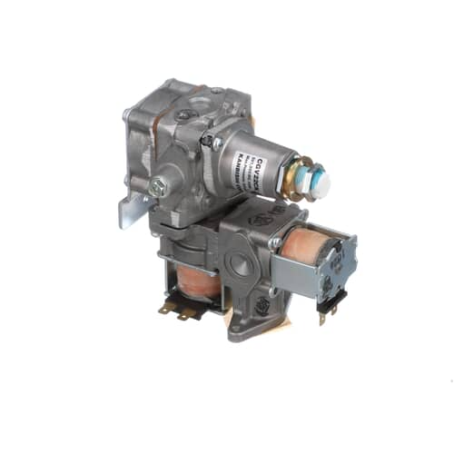 Side profile view of the gas valve assembly highlighting the electrical terminals and mounting bracket.