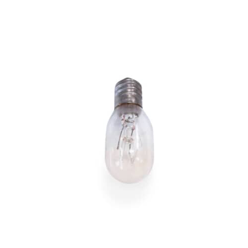 Vertical view of the clear, torpedo-shaped incandescent bulb against a white background.