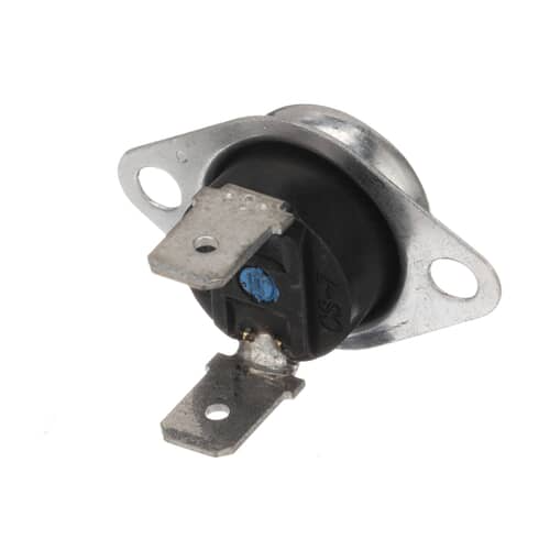 Angled view of the disc-shaped thermostat showing the black center, metal mounting bracket, and two spade terminals with a blue marker.