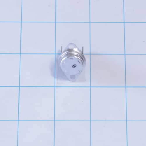 Top view of the thermostat on a white grid background, showing the two screw holes on the mounting plate.