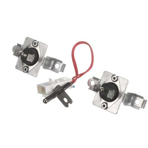 Angled shot of the LG dryer temperature sensor kit, emphasizing the metal mounting brackets on the thermal devices.