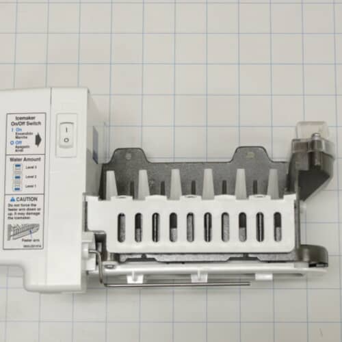 A front view of the LG AEQ36756901 ice maker, showing the ice mold and control panel with on/off switch.