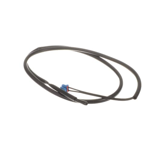 The NTC thermistor assembly coiled loosely, showing the long black wire and the blue plastic connector.