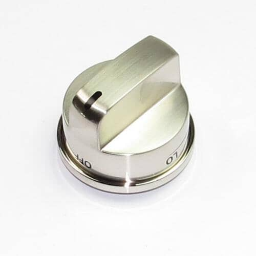 Angled view of the EBZ37189611 knob showing OFF/LO markings and metallic finish.