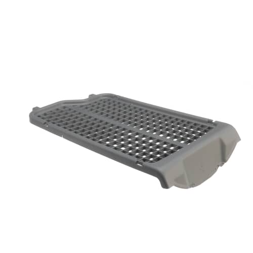 Side perspective of the gray plastic Samsung dryer rack showing its shallow depth and perforated surface.