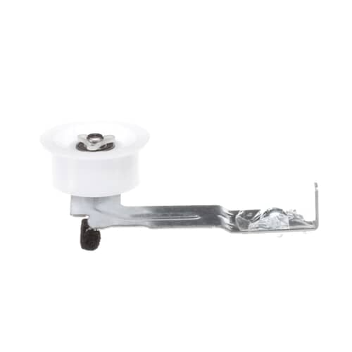 Angled view of the idler assembly showing the white pulley wheel mounted on the metal arm.
