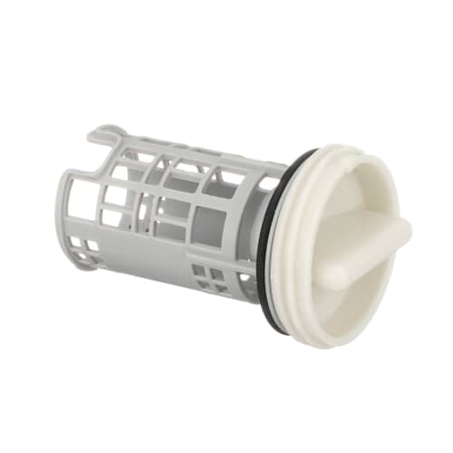 Angled view of the filter assembly showing the handle on the white cap and the grated cylinder.