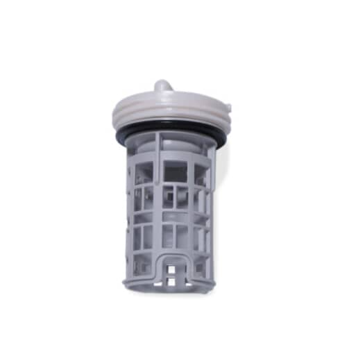 The light gray cylindrical filter assembly standing upright, showing the white cap and black O-ring seal.