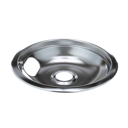 Angled view of a chrome stove drip bowl.