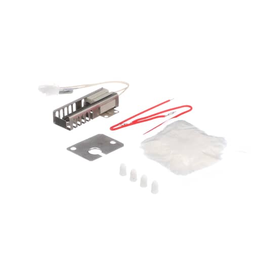 Whirlpool OEM 12400035 oven burner igniter with attached wires, ceramic housing, and included accessories, engineered for precise gas ignition and consistent heating performance in Whirlpool, Maytag, and Jenn-Air gas ovens.