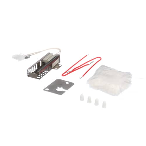 Whirlpool 12400035 OEM replacement igniter kit complete with installation instructions, wiring leads, ceramic connectors, mounting plate, and protective padding — professional-grade component for restoring proper ignition function in Whirlpool gas ranges and ovens.
