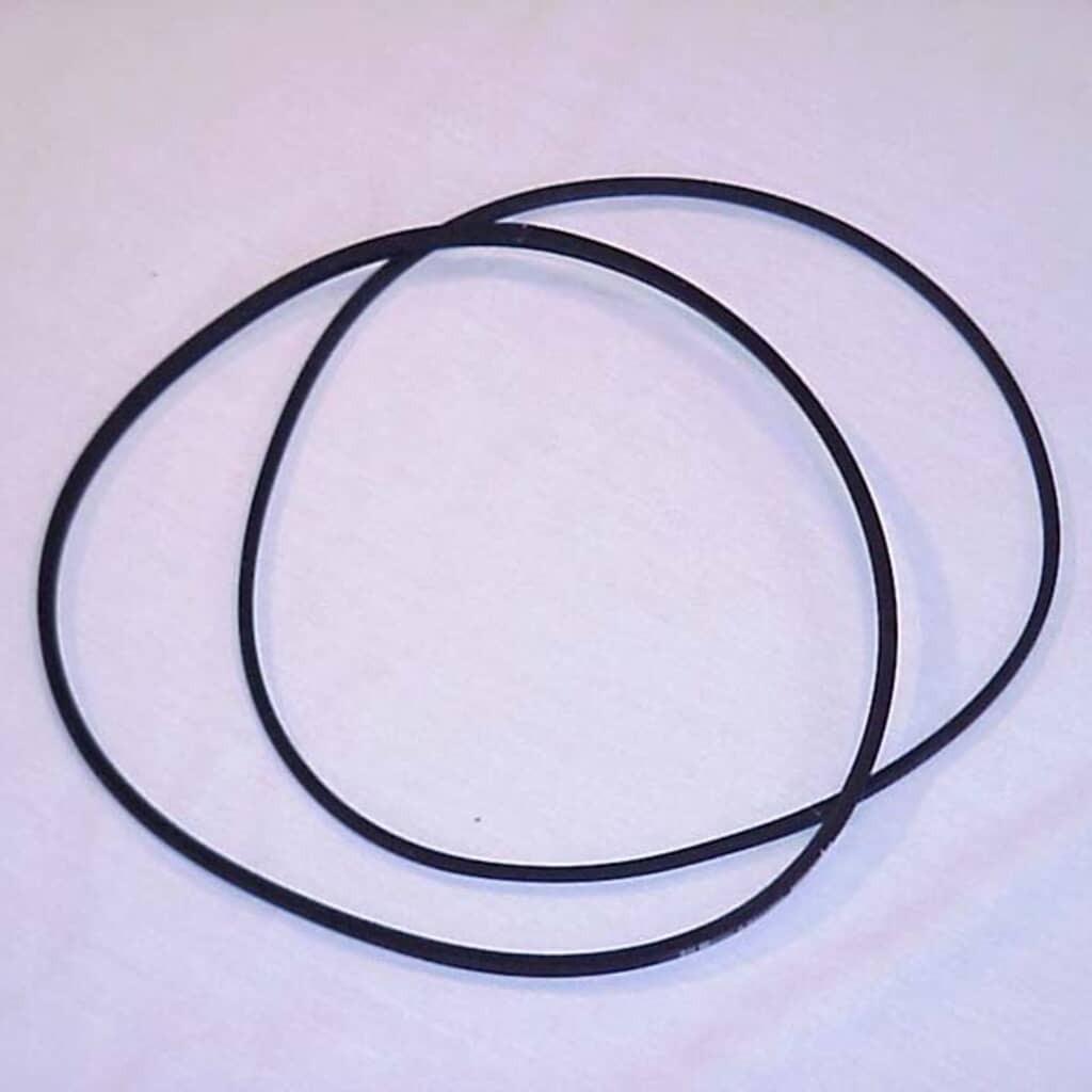 Close-up of a single black Whirlpool 211125 Washer Drive V-Belt, showing the V-cross section and a blue manufacturer label on the rubber surface.