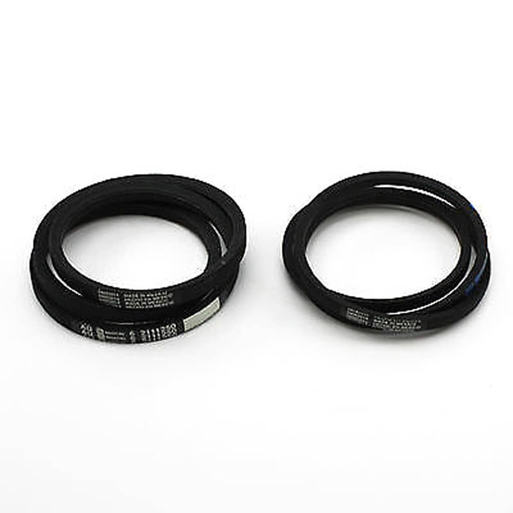 View of two black Whirlpool 211125 Washer Drive V-Belts, coiled on a white background, highlighting the smooth rubber construction and V-shape used for the motor-to-transmission connection.