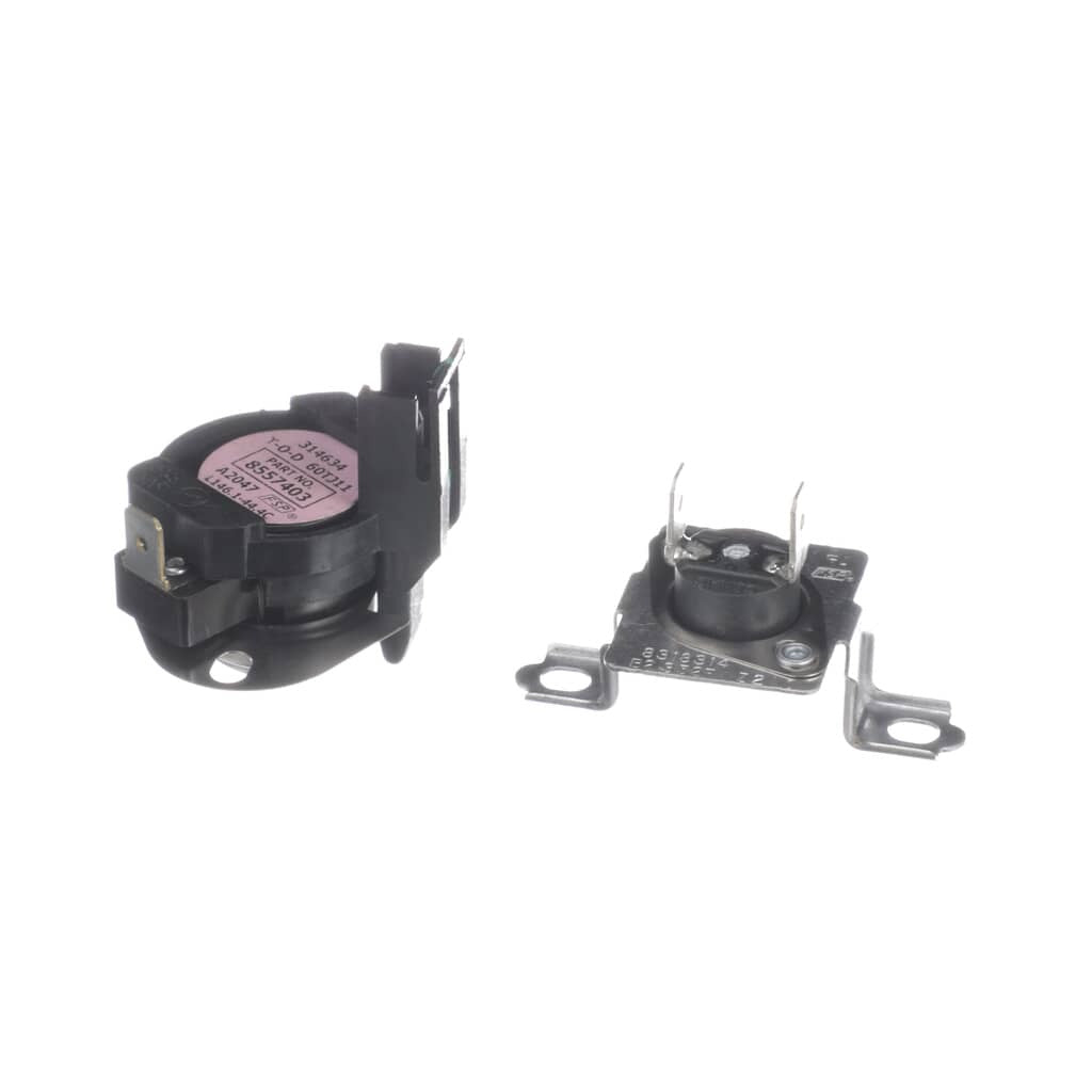 Side profile of the Whirlpool 280148 Dryer Thermal Fuse, highlighting the compact design and the metal connectors used for efficient functionality in preventing dryer overheating.