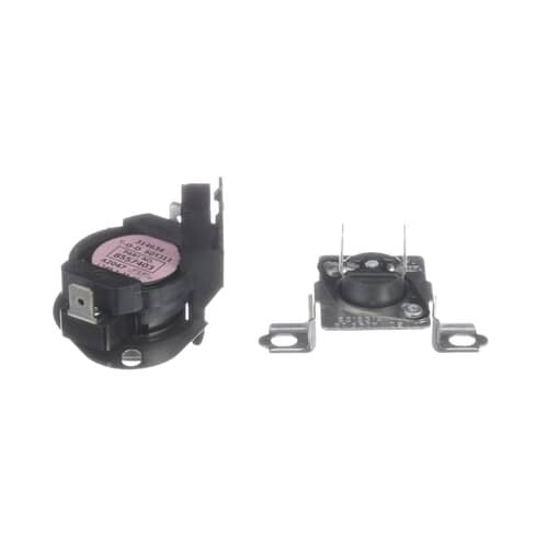 Front view of the Whirlpool 280148 Dryer Thermal Fuse, showing the metal and ceramic components designed to shut off the heating element to prevent overheating.