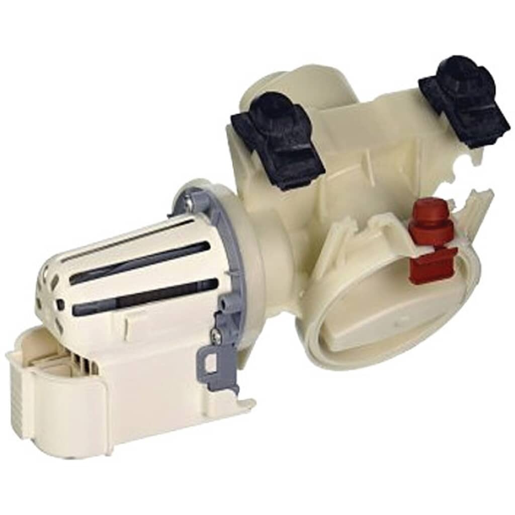 Front view of the Whirlpool 280187 Washing Machine Drain Pump, showing the motor assembly and drain connection designed to remove water efficiently during the washing cycle.