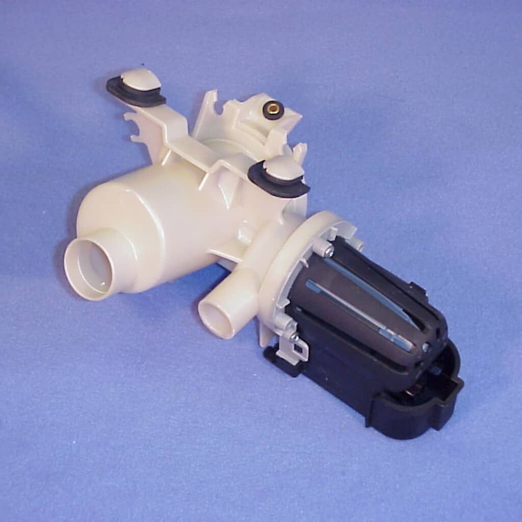 Side view of the Whirlpool 280187 Washing Machine Drain Pump, highlighting the durable housing and motor connection for efficient water removal from washers.