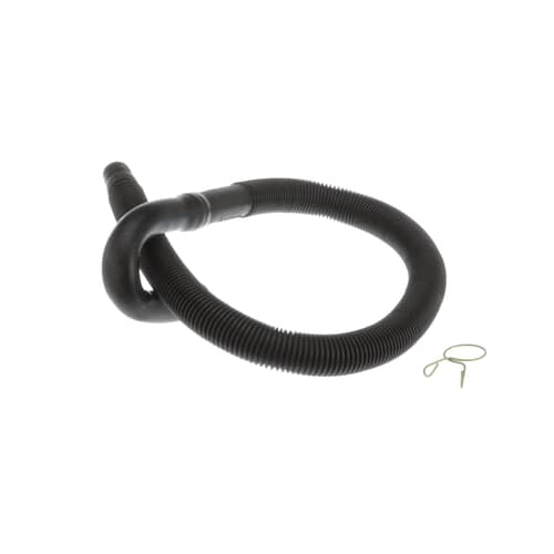 Black corrugated drain hose looped into a horseshoe shape against a white background