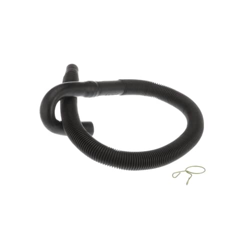 Side view of the coiled Whirlpool drain hose showing the hose ends