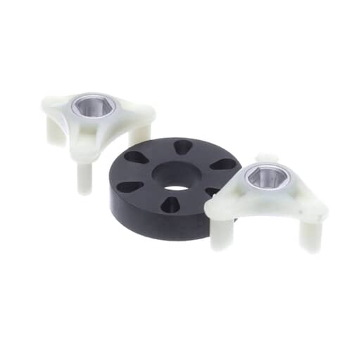 Whirlpool 285753A direct drive washer coupling kit showing the two white plastic hubs and the black rubber isolator.