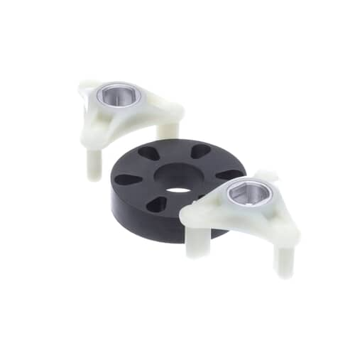 Whirlpool 285753A direct drive washer coupling kit showing the two white plastic hubs and the black rubber isolator.