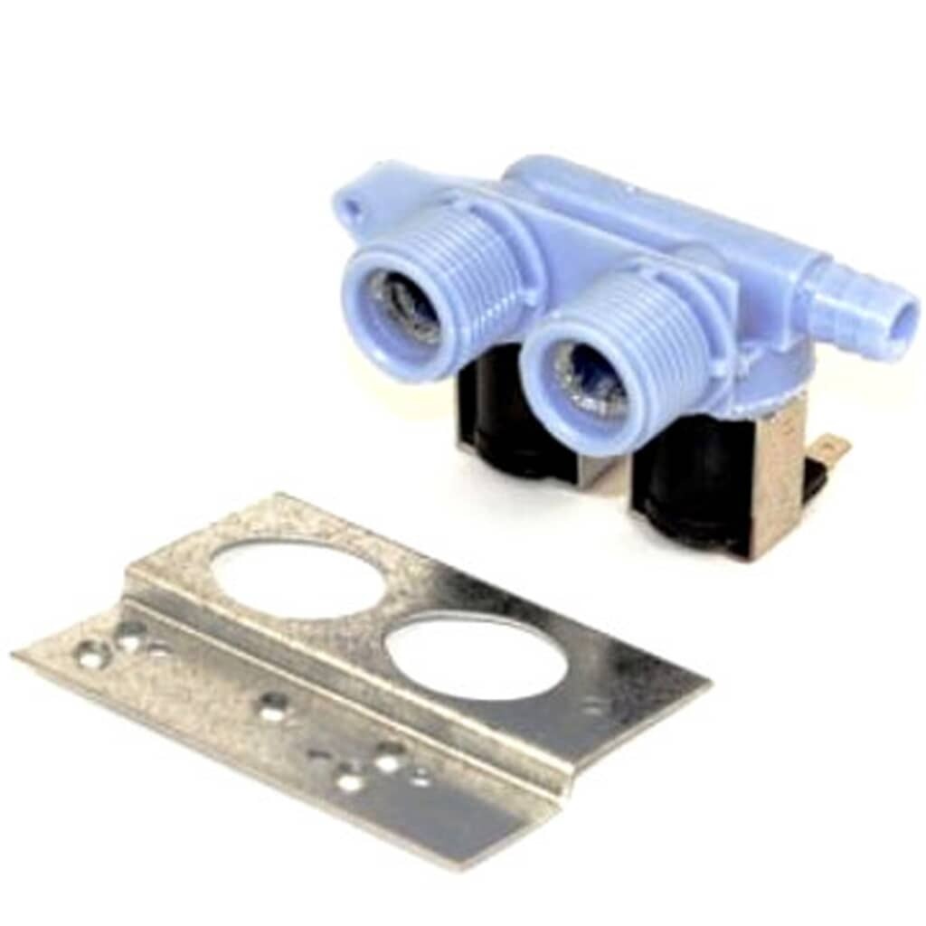 Full view of the Whirlpool 285805 Washer Dual Water Inlet Valve kit, showing the light blue plastic valve body with two threaded hose inlets, black solenoid coils, and the separate V-shaped metal mounting bracket and screw for installation.