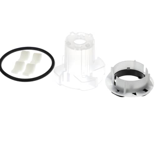 Complete Whirlpool 285811 washer agitator repair kit showing all plastic pieces, seal, and clips