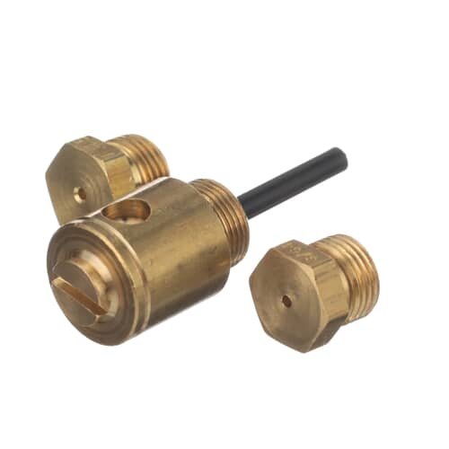 Side view of the brass conversion parts assembly, highlighting the screwdriver slot for adjustment.