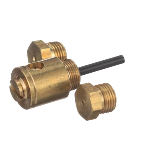 Full view of the Whirlpool LP conversion kit showing the main valve body and two brass orifices.