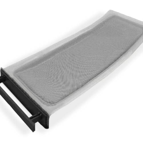 Angled view of the rectangular dryer lint filter showing the gray mesh screen set in a white frame.