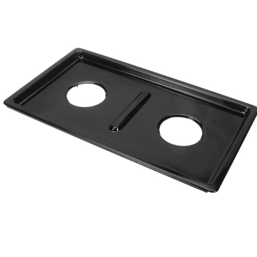 Top view of the rectangular double burner drip pan with cutouts for burner heads.