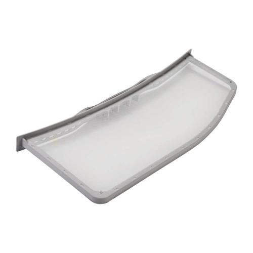 Side view of the gray plastic dryer lint filter showing its curved shape and fine mesh screen.