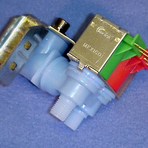 A close-up view of the solenoids and threaded connections on the Whirlpool 4318046 water inlet valve.