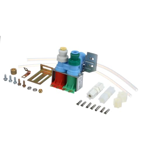 Whirlpool 4318046 Refrigerator Dual Water Inlet Valve Assembly Kit, includes valve, tubing, and hardware.
