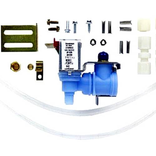 A component part of a water valve kit, showing a single solenoid valve and hardware.