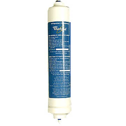 A close-up of the label on the Whirlpool 4378411RB filter showing NSF certification and brand compatibility.