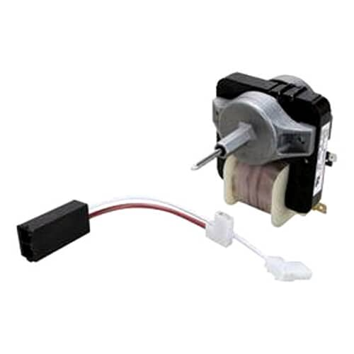 The evaporator fan motor assembly resting on a blue background, showing the attached white and red wiring harness.