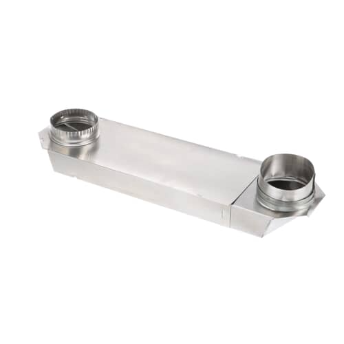 Sliding metal dryer periscope vent fully extended, showing both 4-inch connection elbows and two metal hose clamps.