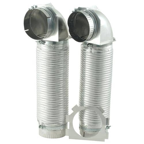Two sections of the aluminum dryer vent hose, each with a 90-degree elbow and attached metal hose clamps.