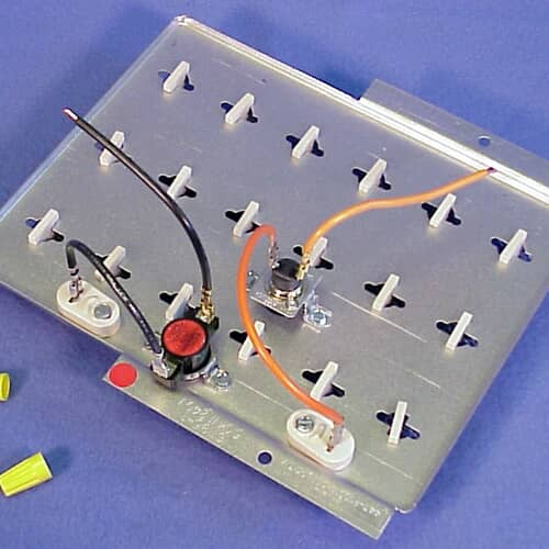 Whirlpool 61927 heating element assembly showing the coils, mounting plate, and attached thermostat/fuses