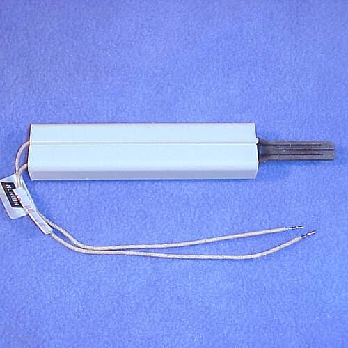 Side angled view of the 786324 hot surface igniter, showing the ceramic casing, element, and thin wire leads.