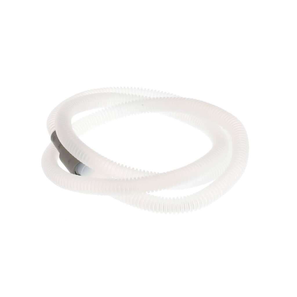 Coiled view of the Whirlpool 8269144A Drain Hose, highlighting the flexibility and durable corrugated texture of the white hose material and the gray straight-fit rubber connector on one end.