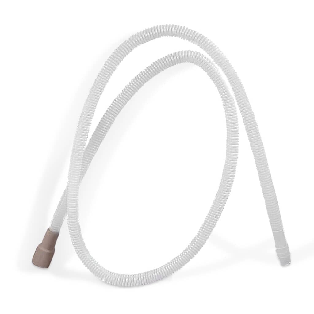 Full extended view of the Whirlpool 8269144A 6-Foot Dishwasher Drain Hose, showcasing the translucent, corrugated tubing with the gray rubber connector visible on one end, designed for efficient water transport.