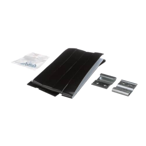 Stacked black straps with a small plastic bag of screws and two metal securing brackets.